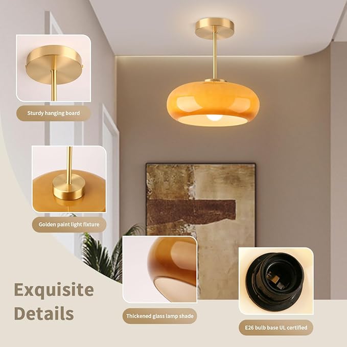 Brass Modern Hallway Ceiling Light - Orange Glass Ceiling Lamp with Dome Shade, Gold Mid Century Semi Flush Mount, Bedroom Entrance Light Fixture