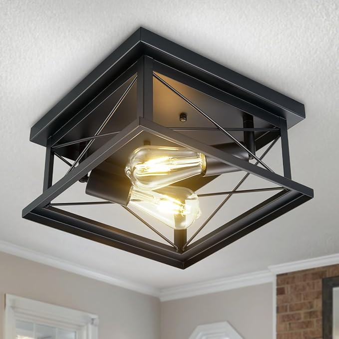 Hamilyeah Industrial Flush Mount Ceiling Light Fixture Black, Farmhouse Close to Ceiling Light Fixture for Bedroom, Living Room, Porch, Hallway, Outdoor, Kitchen Lights Ceiling Mount