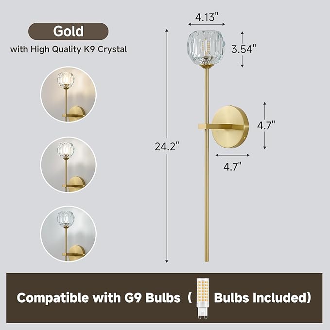 Gold Crystal Wall Sconces with G9 Bulbs, Mid Century Modern Diamond Decor Light Brass Vintage Long Lighting Fixture Hardwired for Elegant Vanity Living Room Bedroom Bathroom Hallway