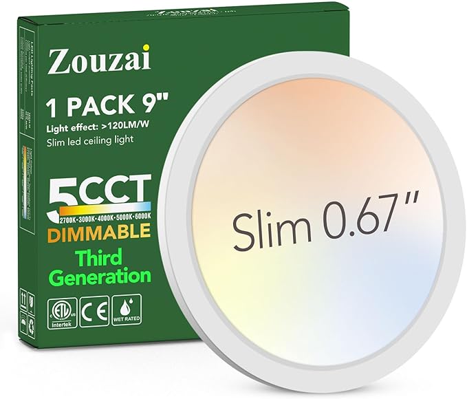 zouzai 3rd Gen Fireproof LED Flush Mount Ceiling Light, Dimmable 5CCT 2700K-6000K, 9 Inch 18W Ultra-Thin Round Fixture for Bedroom, Hallway, Closet, Laundry, Kitchen, ETL Listed (9 inch,1 Pack)