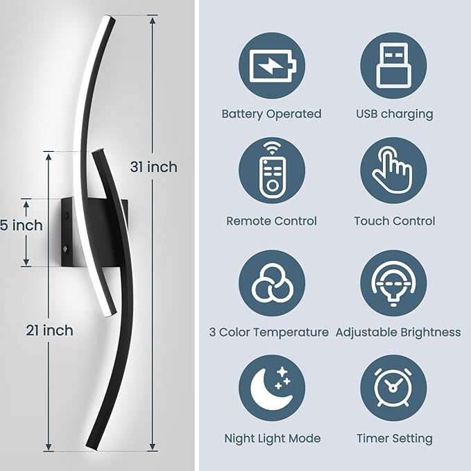 15000mAh Battery Operated Wall Sconce,Black Wall Sconces with Remote Control,3000K-6000K Modern LED Wireless Wall Light for Living Room, Hallway, Bedroom, 39.3 Inch