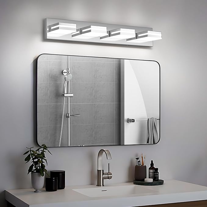 Modern LED Bathroom Lights Fixtures 4-Light,Stainless Steel Chrome Acrylic Wall Lighting,Vanity Lights for Bathroom Over Mirror 6000k 27in