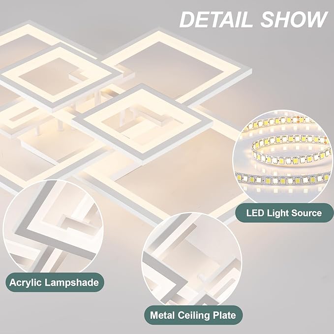 EIDISUNY Modern LED Ceiling Light, Square LED Flush Mount Ceiling Light, Dimmable Kitchen Light Fixtures with Remote&APP, Close to Ceiling Lighting Fixture for Dining Room Living Room Bedroom(White)