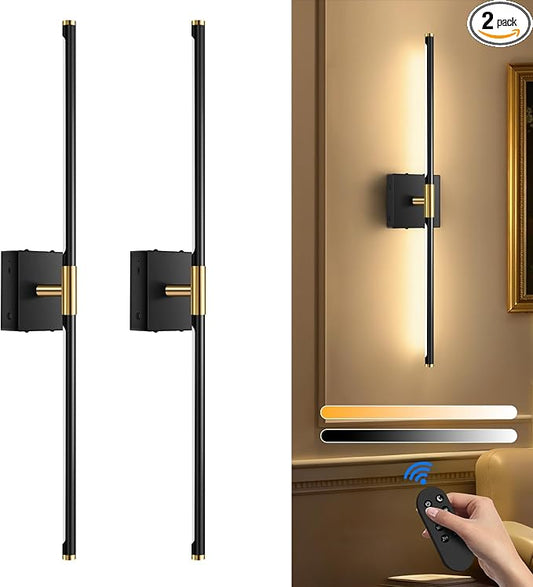 SAIMAND Wall Sconces Set of Two Battery Operated, Wireless USB Rechargeable Wall Lights with Remote, 8000mAh Dimmable LED 3 Color Dimmable Living Room for Bedroom,Hallway,Picture Lamp (30in Black)