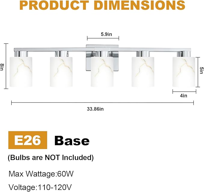 5-Light Bathroom Light Fixtures, Modern Vanity Lights, Chrome Metal Wall Lamp with White Marble Glass for Bathroom, Mirror, Living Room, Bedroom, Cabinet, Porch, Hallway, E26 Base