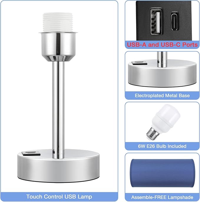 Dicoool Navy Blue Touch Lamp for Boys - Small Nightstand Lamp with USB-C and USB Charging Ports, 3 Way Dimmable Bedside Table Lamp with Fabric Shade Silver Base for Nursery, Dorm, Office, Reading