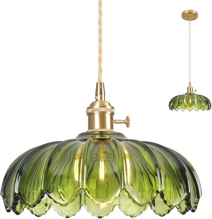 Pendant Lights Kitchen Island,Green Glass Vintage Light Fixtures,9.8inch E26 Adjustable Hanging Light Flower Finish Ceiling Hanging Lamp for Bedroom Living Room Hallway 1 Light