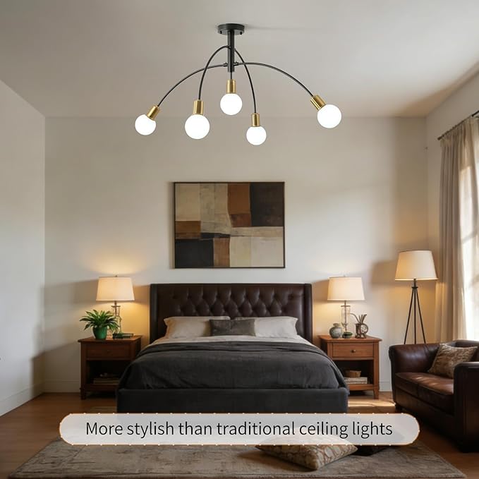 Mid Century Semi Flush Mount Dining Room Ceiling Light Fixture,Modern 5 Light Gold and Black Sputnik Kitchen Island Chandelier for Living Room Bedroom