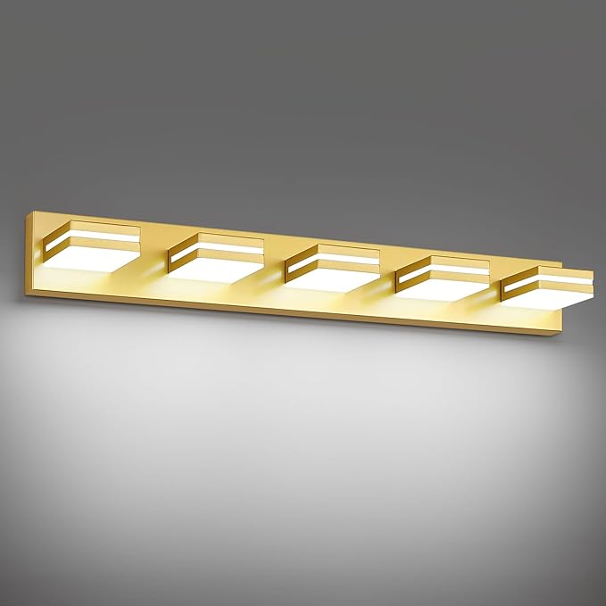 Modern LED Bathroom Lights Fixtures 5-Light,Metal Gold Acrylic Wall Lighting,Vanity Lights for Bathroom Over Mirror 6000k 34in