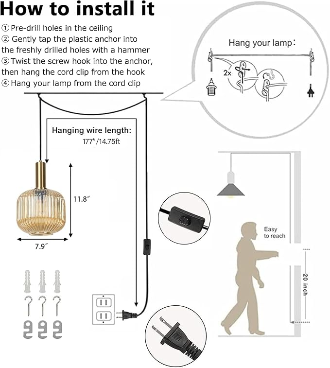 Amber Plug in Pendant Light, Mid Century Modern Hanging Light Fixture with 14.76ft Cord, Vintage Gold Hanging Lamp Plug in Chandelier Lighting for Bedroom, Living Room, Kitchen, Dining Room