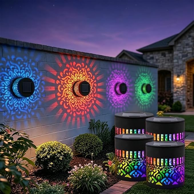 4 Pcs Solar Mandala Lights Outdoor: Metal Waterproof Solar Wall Lights with Decorative Projection Pattern - Solar Garden Lights for Fence Patio Deck Backyard Walkway Yard Decor