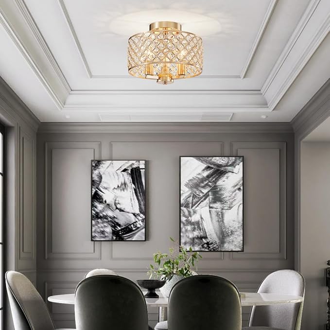 AGV LIGHTING Semi Flush Mount Ceiling Light Fixture, Modern Crystal Ceiling Light Fixture, 3-Lights, Soft Light Gold