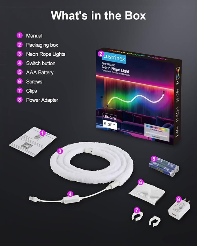 LED Neon Rope Lights, 6.5ft RGBIC 360° Luminous 5v USB Bluetooth APP Control Music Sync IR Remote Color Changing Smart LED Strip Lights for Bedroom Gaming Party Decor
