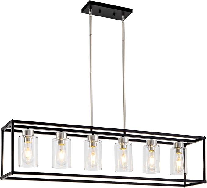 6 Lights Modern Dining Room Light Fixtures Over Table Black & Brushed Nickel Farmhouse Chandeliers Rectangular Pendent Lighting for Kitchen with Glass Shade Linear Hanging Industry Ceiling Light