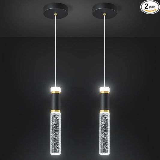 Pendant Ceiling Light Fixture for Kitchen Island, Black Gold Pendant Light Integrated Dimmable LED Hanging Light with Bubble Crystal Pendant Light Modern Pendant Lights Kitchen Island (2-Pack)