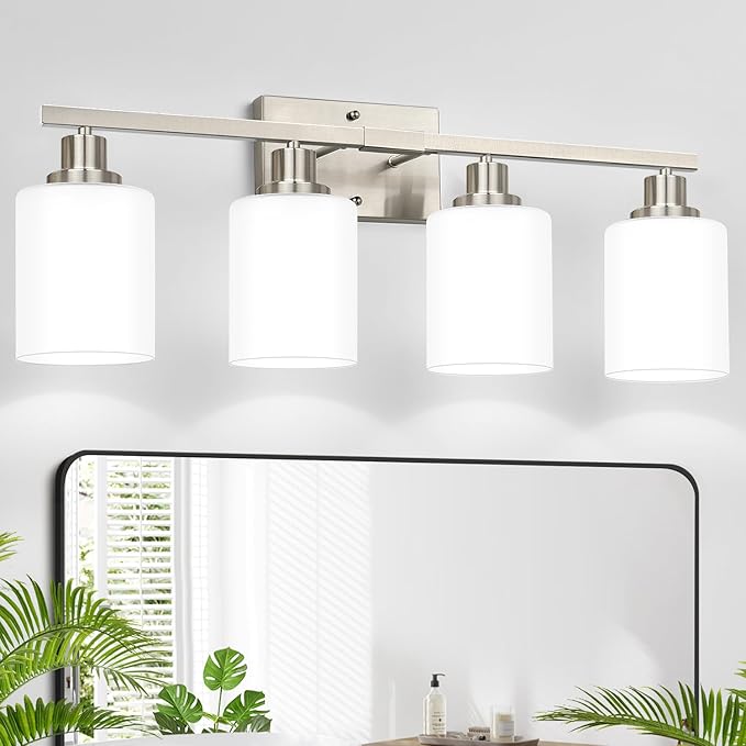 MOKATNG 4-Light Vanity Light with Milky White Shades, Brushed Nickel Bathroom Lighting Fixtures Over Mirror, Modern Bathroom Wall Lamp for Mirror Living Room Cabinet Bedroom