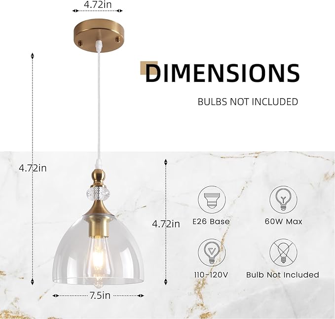 Vintage Pendant Light, Champagne Bronze Pendant Light Kitchen Island, Modern Glass Pendant Lights for Living Room, Dining Room, Bedroom, Hallway, Foyer, Sink, 2 Pack