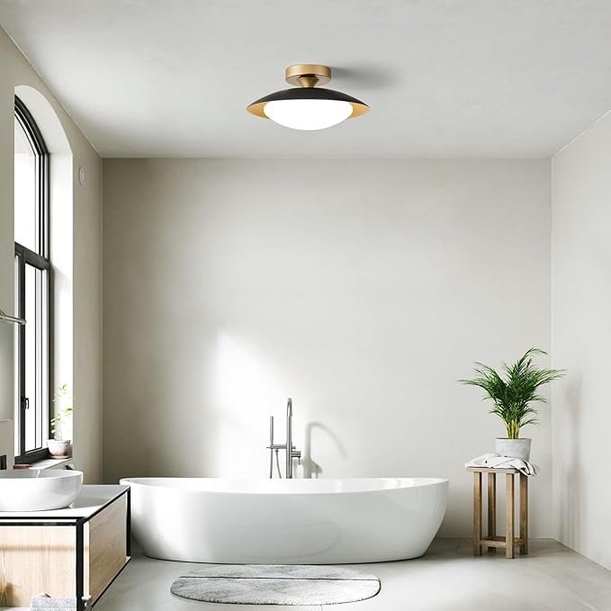 Dimmable Modern Mid-Century Ceiling Light, Black and Gold LED Semi Flush Mount Ceiling Light, 5CCT 2700K-6000K Lighting Fixture Ceiling Lamp with Glass Shade for Bedroom Hallway Kitchen, 12.6in