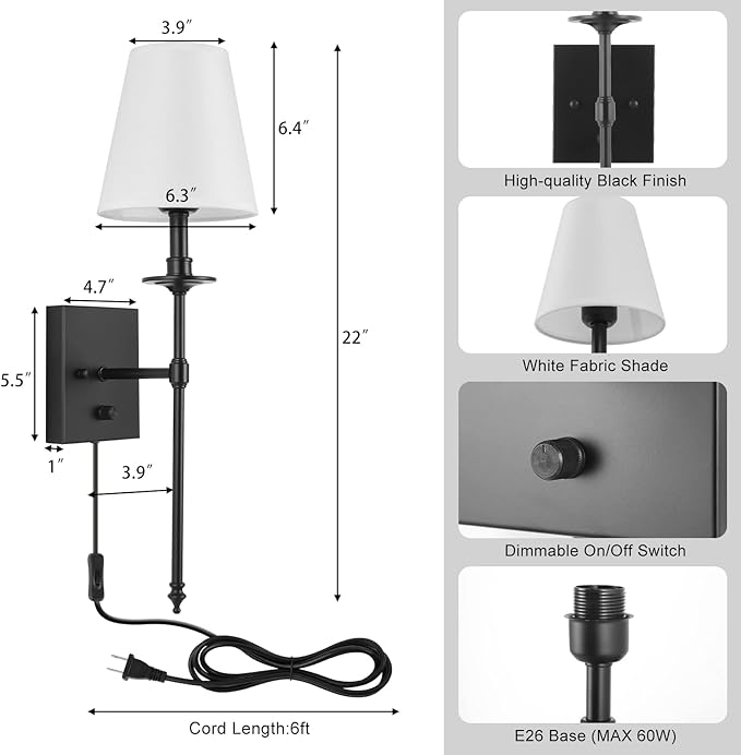 GOODATE Dimmable Wall Sconces Set of Two, Plug in Wall Sconces White Fabric Shade, Wall Lamp for Bedroom, Living Room, Plug in Wall Light Sconces Wall Decor Set of 2, LED Bulbs Included, Black
