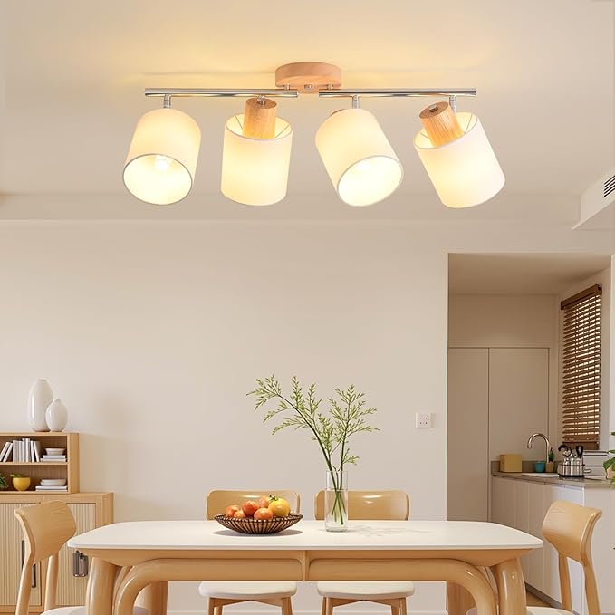 LED 4 Light Track Lighting Kit, Wooden Ceiling Spotlights with Fabric Shades, Modern Track Light Fixture with Flexibly Rotatable Light Heads for Kitchen, Living Room, Bedroom(E26 Socket, NO Bulb)