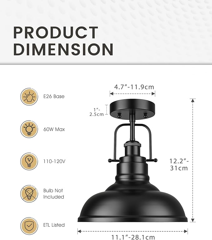 zeyu 11 Inch Semi Flush Mount Ceiling Light, 1-Light Industrial Ceiling Light Fixture for Hallway, Indoor, Matte Black Finish, ZY41-F BK