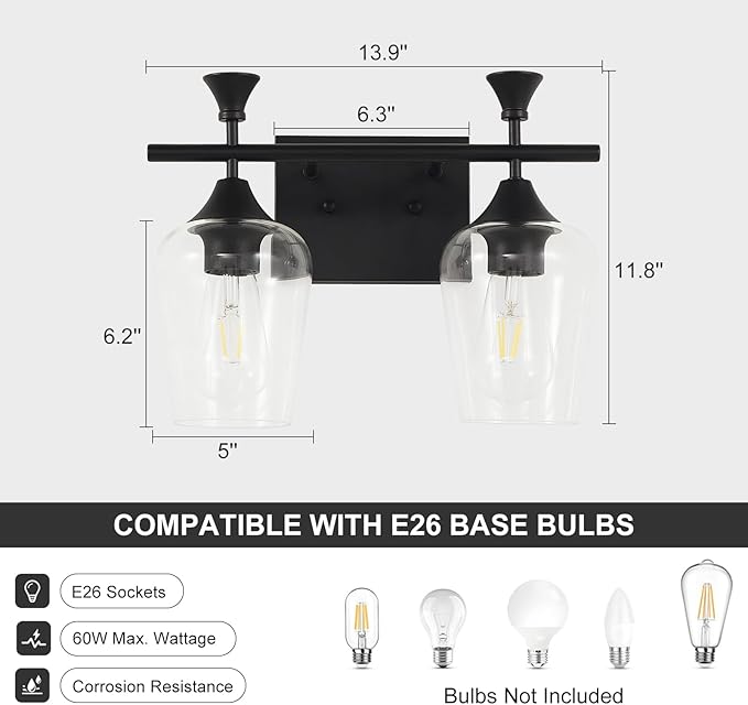 Bathroom Light Fixtures (2-Light, 14 Inch), Matte Black Vanity Lights for Bathroom with Clear Wine Glass Glass Shade, Modern Vanity Wall Lights for Mirror Bedroom Living Room Kitchen Hallway Porch
