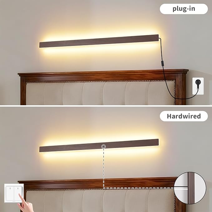 KELUOLY Farmhouse Plug in Long Wall Sconce, 39.3" Faux Walnut Finish LED Wall Lights, 20W Warm White 3000K Acrylic Indoor Wall lamp, with 59" Plug Cable for Bedroom, Living Room, Hallway