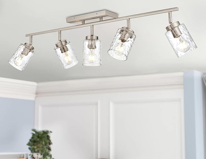 5-Light Industrial Bathroom Vanity Lights, Brushed Nickel Track Lighting Wall Mount or Ceiling Rotatable Track Head Metal Vanity Lighting Fixtures for Bathroom Hallway, Clear Hammered Shade