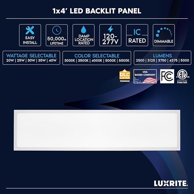 LUXRITE 1x4 FT LED Backlit Flat Panel Light, 5CCT 3000K-6500K, 5 Wattage Adjustable 20W-40W, 2500-5000 Lumens, Dimmable, Drop Ceiling Troffer Light, Damp Rated, DLC Premium, IC & ETL Listed (12 Pack)