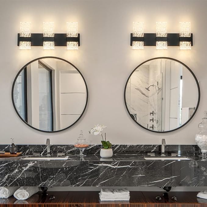 Modern Matte Black 6-Lights Bathroom Vanity Light, Eleglant Black LED Bathroom Light Fixtures over Mirror, Dimmable Acrylic Shade Wall Lighting Fixtures, Hardwired Wall Light(H9.25in, L21.26in)