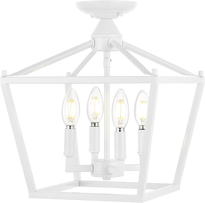 JONATHAN Y 12" White Modern Farmhouse Pagoda 4-Light LED Semi Flush Mount Lantern, Metal Ceiling Light Fixture for Kitchen, Hallway, Entryway, Bedroom, Hardwired (JYL7610E)