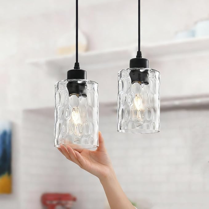 2 Pack Black Pendant Lights Kitchen Island, Adjustable Modern Glass Pendant Light Fixtures Hanging Light Fixture with Hammerde Glass Shade for Bedroom Dining Room Living Room Entryway