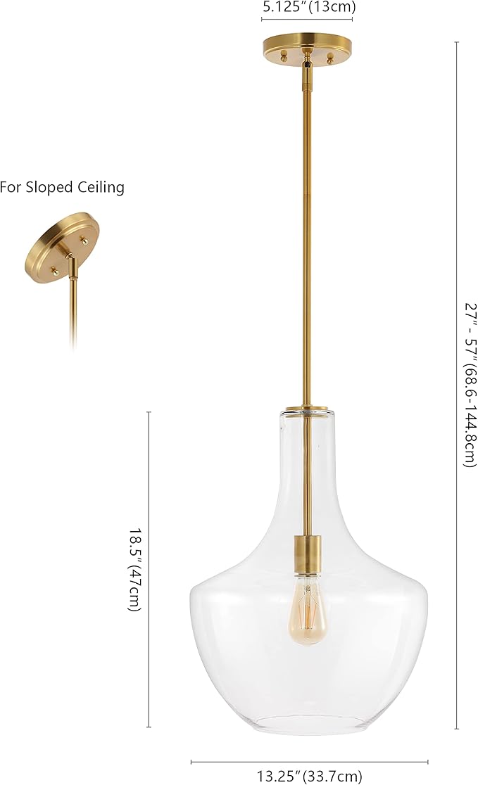 JONATHAN Y 13.25" Brass Gold/Clear Mid-Century Modern 1-Light LED Pendant Light Fixture, Adjustable Schoolhouse Hanging Lamp for Kitchen Island, Clear Glass Shade, LED Bulb Included (JYL6401C)