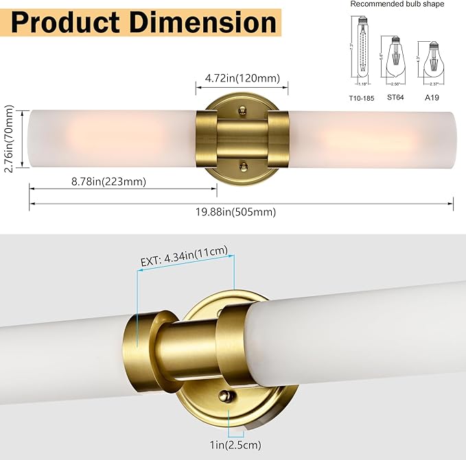 Modern Gold 2-Light Wall Sconce with Frosted Glass Shade 20-Inch Cylinder Bathroom Light Fixtures Brass Glass Sconces Wall Lighting for Living Room Bedroom