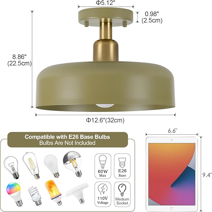 BISAMIYA Modern Semi Flush Mount Ceiling Light Fixture, 12.6" Metal Shade and Brass Accent Ceiling Light, for Entryway, Hallway, Dining Room, Storage Room, Cafe