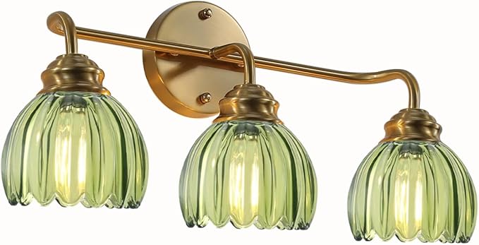 3 Light Vintage Bathroom Light Fixtures, Gold Bathroom Vanity Light, Brass Finish with GreenTulip Glass Shade, Wall Lighting for Bedroom, Living Room, Hallway,E26 Base