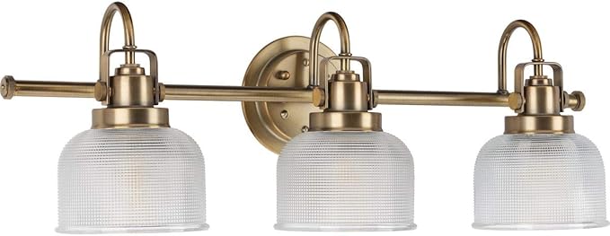 Progress Lighting P2992-163 Archie Collection Clear Double Prismatic Glass Coastal Bath Vanity, 3-Light, Vintage Brass