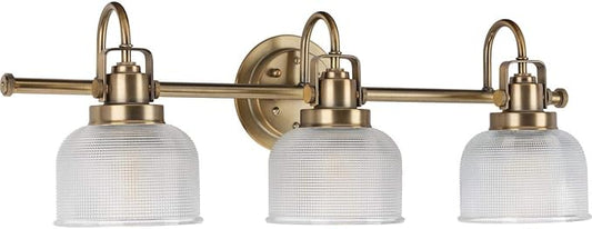 Progress Lighting P2992-163 Archie Collection Clear Double Prismatic Glass Coastal Bath Vanity, 3-Light, Vintage Brass