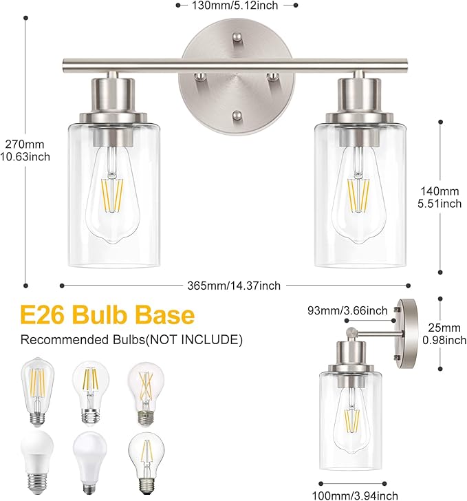 2-Light Wall Sconce Light Fixtures, Brushed Nickel Finish Wall Light with Clear Glass Shade, Modern Vanity Lighting, Wall Lamp for Bathroom Mirror