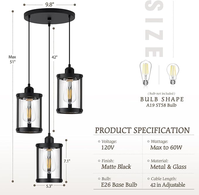 3-Light Pendant Lighting, Black Dining Room Chandelier Light Fixture Over Table with Clear Glass, Modern Cluster Hanging Lights for Kitchen Island Sink, OS-3014-3BK
