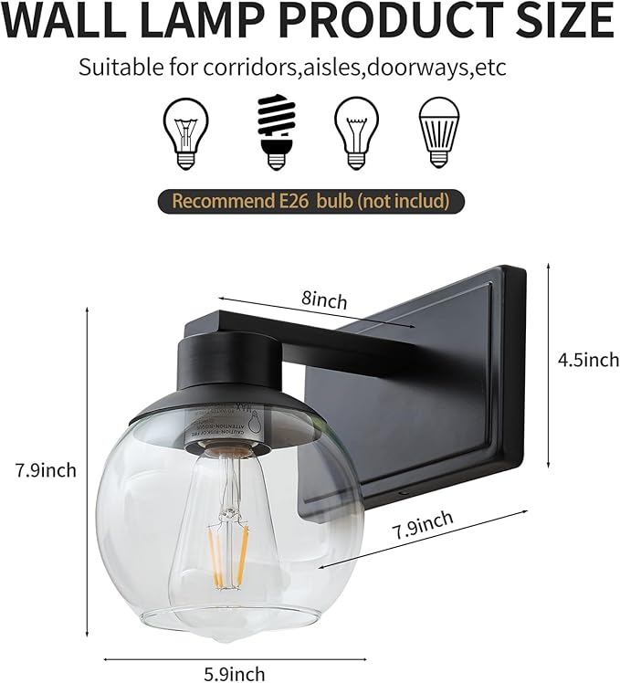 Bathroom Sconces Set of 2, Black Wall Sconces Set of Two, Bathroom Vanity Light with Clear Glass Shade, Modern Wall Light Fixtures for Bath Mirror Hallway Bedroom Living Room, Hardwired, E26 Base