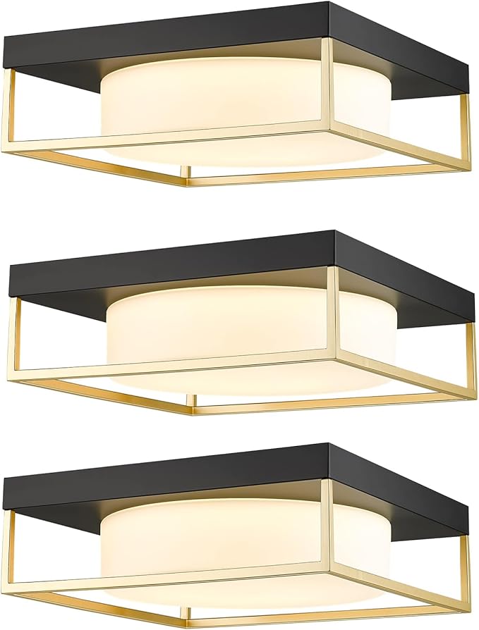 Black and Gold Ceiling Lights Flush Mount, 3-Pack 12 Inch Bedroom Ceiling Light Fixtures LED Bathroom Light Fixture, 24W 950 Lumen 3000K Dimmable, Square Ceiling Lamp for Kitchen Hallway