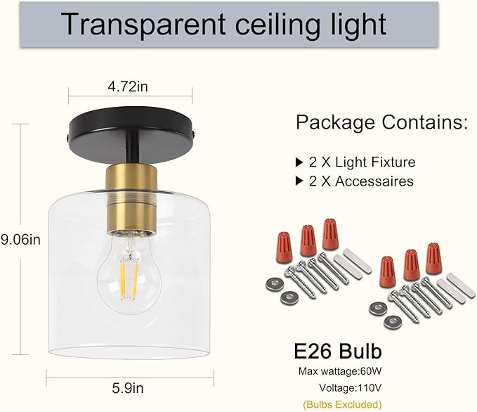 Black Brass Semi Flush Mount Ceiling Light,Modern Farmhouse Ceiling Light Fixture for Closet Entryway,Hallway Light Fixture 5.9in Clear Glass Shade 2 Pack