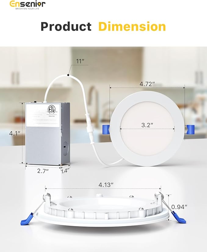 Ensenior 6 Pack 4 Inch LED Recessed Light, Dimmable, 5000K Daylight, 750LM High Brightness, 9W 120V, Damp Rated, Ultra-Thin Canless Wafer Ceiling Light - ETL & FCC & IC