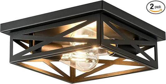 2-Lights Flush Mount Ceiling Light, Farmhouse Close to Ceiling Light Fixtures, 11 Inch Indoor Retro Metal Black Cross Cage Square Ceiling Light Fixtures for Hallway Kitchen Bedroom