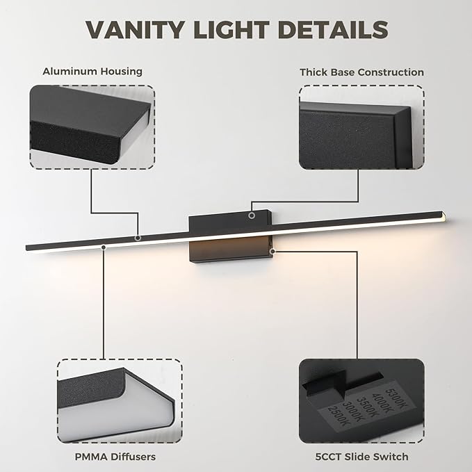 JUSHENG Black Vanity Lights for Bathroom 5CCT Dimmable Bathroom Vanity Light Fixtures LED Vanity Light Bar 39.37'' Inch 36W