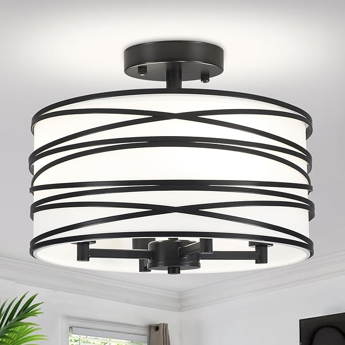 TOULMJ 4-Light Semi Flush Mount Ceiling Light, Black Drum Chandelier with White Fabric Shade, Modern Entryway Light Fixtures for Kitchen Island Laundry Room Hallway Dining Room