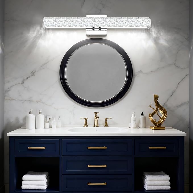 SOLFART Bathroom Light Fixture Crystal Vanity Light Fixtures, Modern LED Lights Above Mirror, 24 Inch Bath Lighting Fixture Chrome