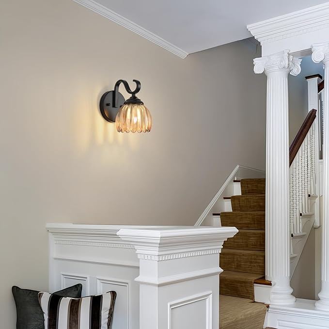 lobolighting Vintage Wall Sconce with Amber Tulip Glass Lampshade Set of Two Black Sconce Bathroom Vanity Light Fixtures Hardwired Modern Wall Lighting Fixture for Bedroom Bedside Door Header