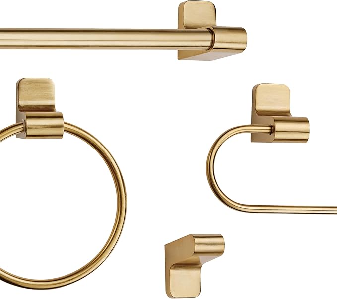 Globe Electric 51563 5-Piece Bathroom Accessory Set with 3-Light Vanity Fixture, Matte Brass Finish, Open Socket Design, Towel Bar, Towel Ring, Robe Hook, Toilet Paper Holder